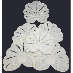 6 Lillian Vintage 100% Linen Shell Fan Form Doily Coasters Cocktail Napkins